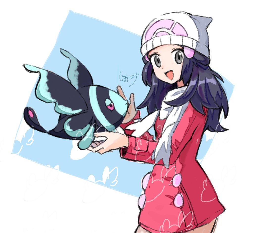 1girl beanie black_eyes black_hair blonde_hair border coat dawn_(pokemon) dot_nose fish from_side hat holding holding_pokemon long_hair looking_at_viewer lumineon open_mouth pink_coat pokemon pokemon_(creature) pokemon_dppt scarf shiozuke signature white_border white_hat white_scarf