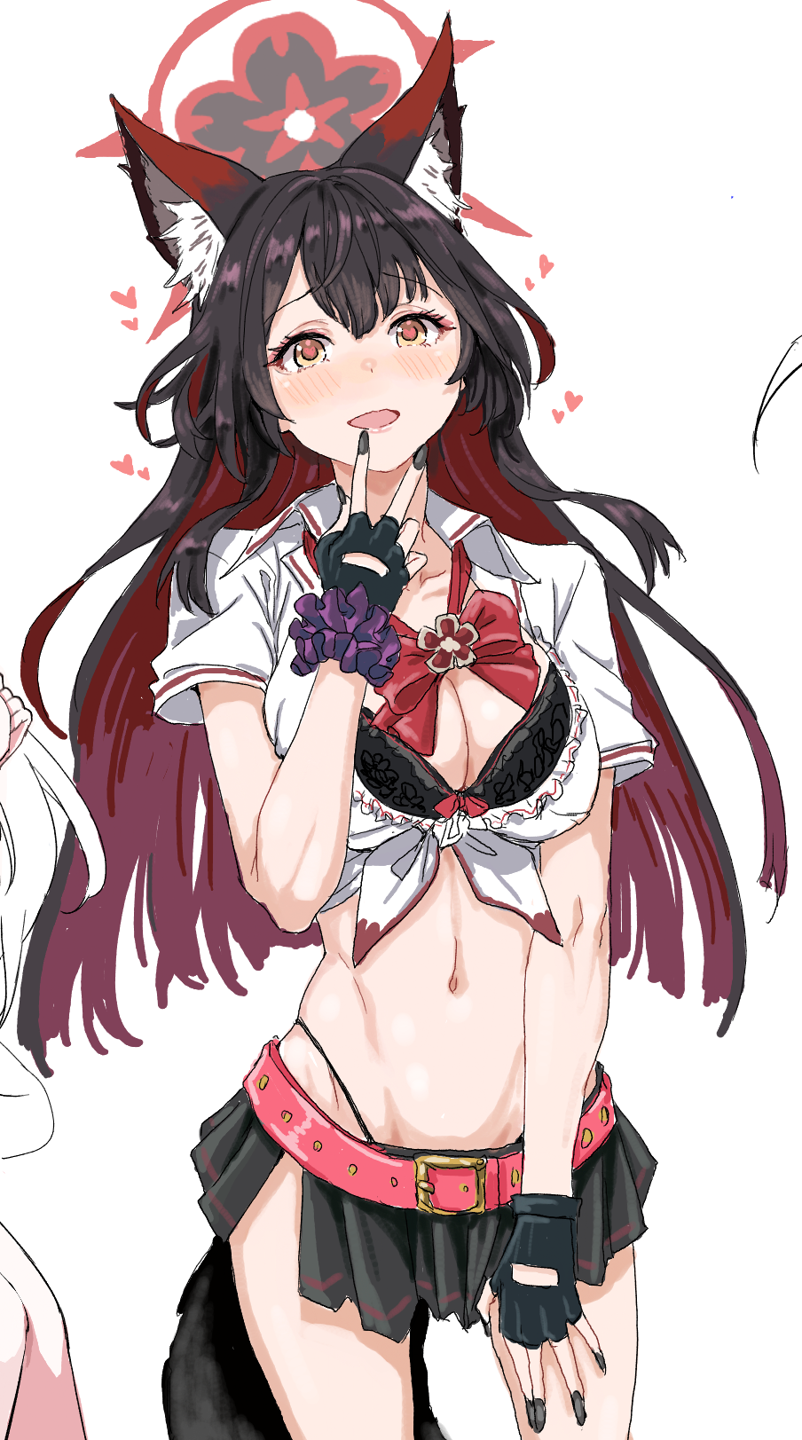 1girl :d animal_ears arm_scrunchie belt black_bra black_gloves black_hair black_nails blue_archive blush bra breasts clearite cleavage fingerless_gloves fox_ears fox_tail gloves halo heart heart-shaped_pupils highres long_hair looking_at_viewer midriff miniskirt multicolored_hair navel neck_ribbon open_mouth pleated_skirt red_hair ribbon simple_background skirt smile solo symbol-shaped_pupils tail two-tone_hair underwear wakamo_(blue_archive) white_background yellow_eyes