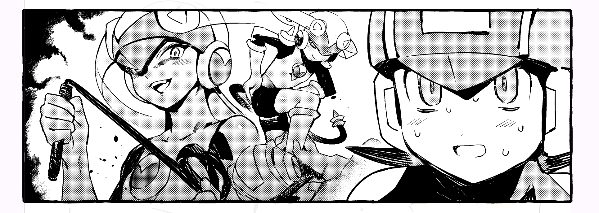 1boy 1girl alternate_form close-up fangs halftone hand_on_own_ass helmet highres holding holding_whip mayutsuba_mono mega_man_(series) mega_man_battle_network_(series) megaman.exe monochrome multiple_views netnavi roll.exe_(mega_man)