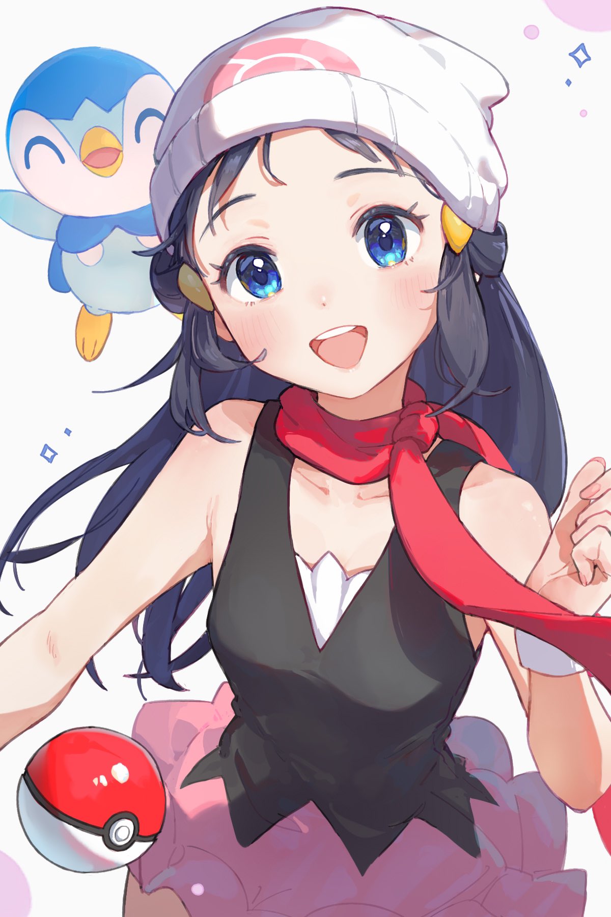 1girl :d beanie black_hair black_shirt blue_eyes blush commentary_request dawn_(pokemon) hair_ornament hairclip hand_up happy hat highres long_hair open_mouth pink_skirt piplup poke_ball poke_ball_(basic) pokemon pokemon_(creature) pokemon_dppt red_scarf scarf shirt sidelocks skirt sleeveless sleeveless_shirt smile teeth tongue upper_teeth_only white_background white_hat yosame0a