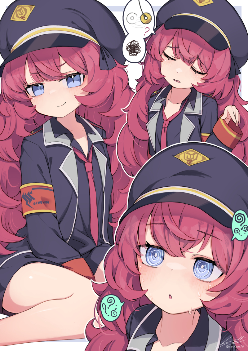 1girl ? @_@ armband black_jacket black_shirt blue_archive blue_eyes blush border closed_eyes coat coin coin_on_string collarbone collared_shirt commentary_request english_text grey_border grey_hat hat hypnosis iroha_(blue_archive) jacket long_hair looking_at_viewer military_uniform mind_control multiple_views necktie open_clothes open_coat open_jacket outside_border parted_lips peaked_cap red_armband red_hair red_necktie saebashi shirt signature simple_background sitting smile speech_bubble spoken_question_mark thighs twitter_username uniform very_long_hair wavy_hair white_background