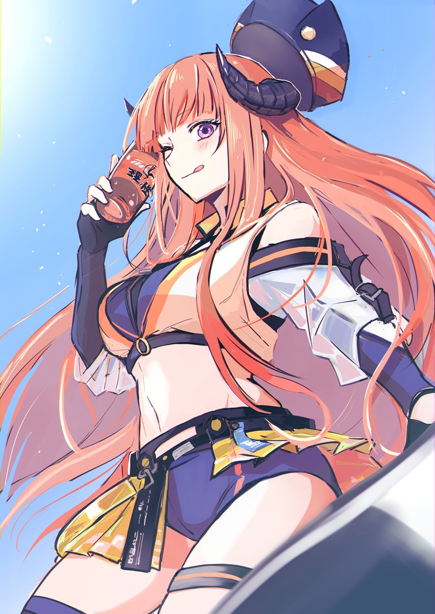 1girl :p arknights bagpipe_(arknights) bagpipe_(queen_no._1)_(arknights) bare_shoulders black_gloves blue_shorts breasts can crop_top dragon_girl dragon_horns drink_can fingerless_gloves gloves hat highres holding holding_can horns long_hair midriff off_shoulder official_alternate_costume orange_hair purple_eyes race_queen revealing_clothes s_a_s_i_m_i shorts skirt stomach thigh_strap thighhighs tongue tongue_out yellow_skirt