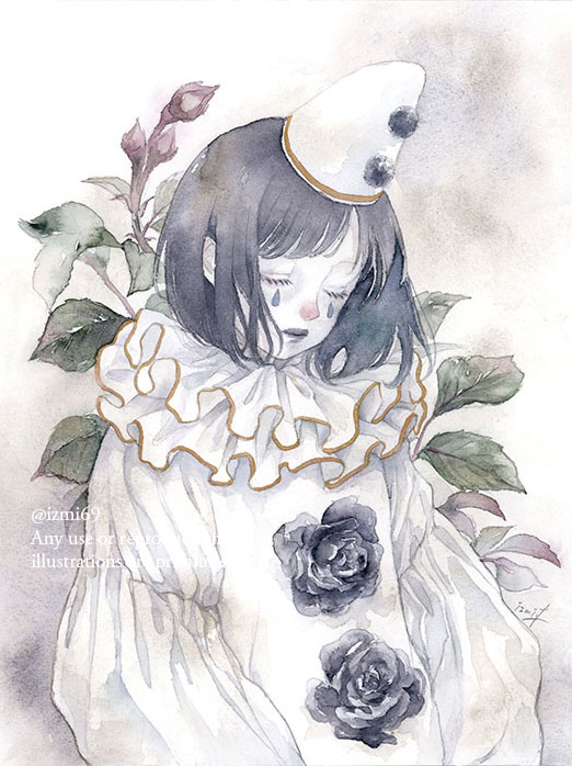 1girl black_flower black_hat black_rose blue_lips bob_cut closed_eyes closed_mouth clown colored_skin commentary dress english_text eyelashes fake_tears flower hat leaf long_sleeves makeup original painting_(medium) red_flower rose short_hair solo toyoda_izumi traditional_media twitter_username watercolor_(medium) watermark white_background white_dress white_hat white_skin