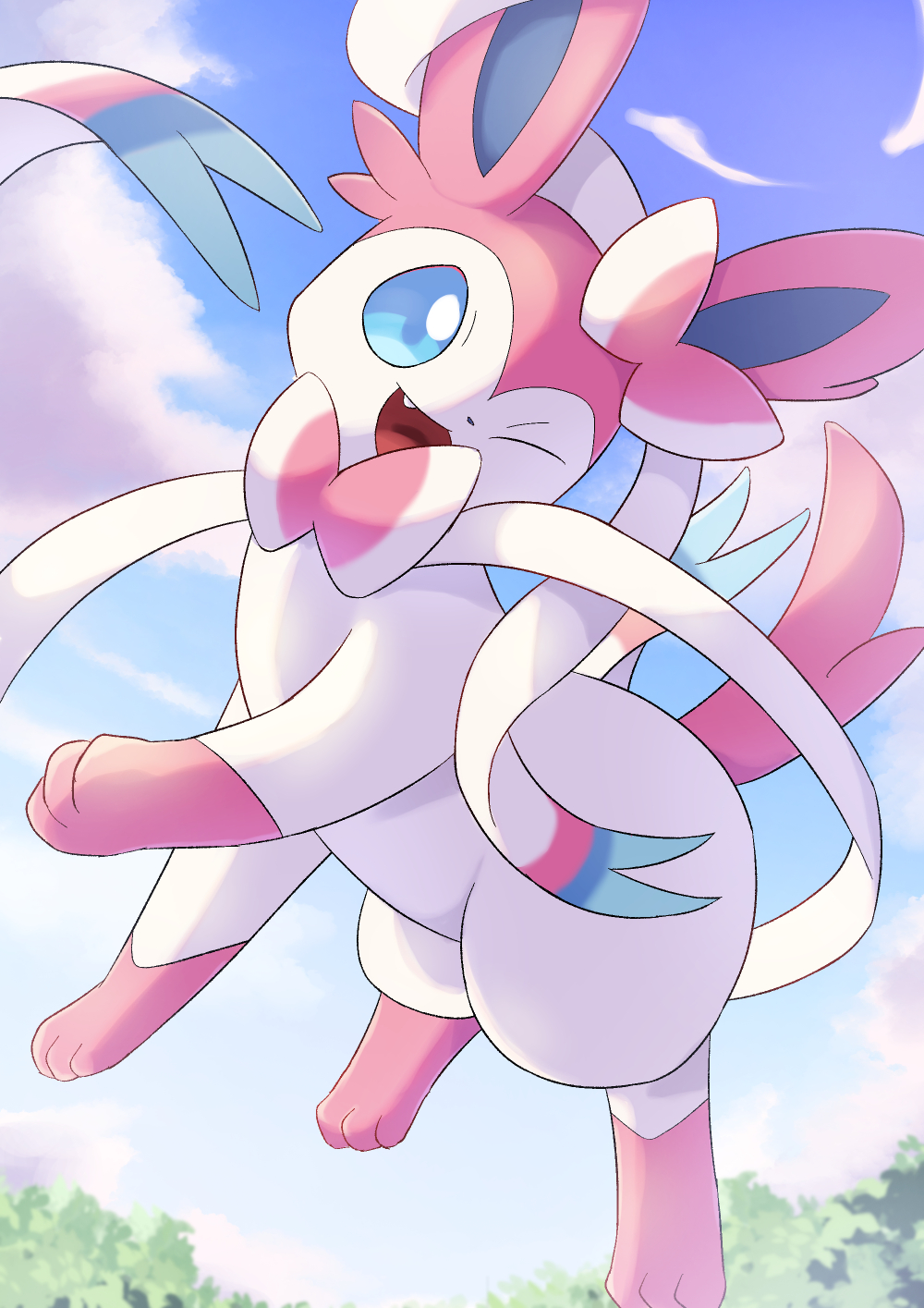 ambiguous_gender blue_eyes eeveelution feral fur generation_6_pokemon hi_res nintendo one_eye_closed open_mouth open_smile pink_body pink_fur pokemon pokemon_(species) quadruped rumine smile solo sylveon white_body white_fur