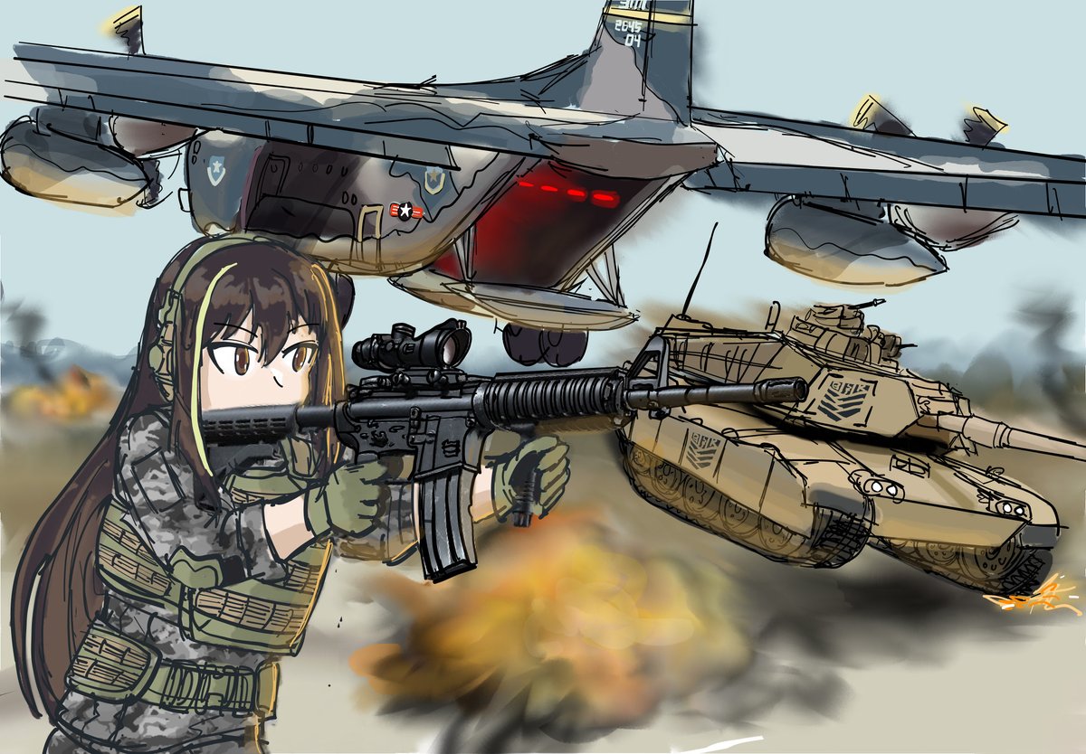 1girl aircraft alternate_costume assault_rifle blurry blurry_background brown_hair caterpillar_tracks day explosion girls'_frontline gloves green_gloves gun holding holding_gun holding_weapon load_bearing_vest long_hair m1_abrams m4_carbine m4a1_(girls'_frontline) machine_gun military military_uniform military_vehicle motor_vehicle multicolored_hair outdoors puffypau26 rifle scope sky solo streaked_hair tank transport_plane uniform weapon