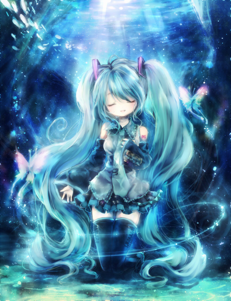 1girl :d aqua_hair aqua_necktie bare_shoulders black_skirt black_thighhighs boots breasts bug butterfly closed_eyes collared_shirt detached_sleeves fish frilled_shirt_collar frilled_skirt frills green_necktie grey_shirt hand_on_own_chest hatsune_miku headphones kneeling light_particles long_hair medium_breasts music necktie onineko open_mouth outstretched_arm pleated_skirt shirt singing skirt smile solo submerged swept_bangs tattoo thigh_boots thighhighs twintails underwater very_long_hair vocaloid wide_sleeves zettai_ryouiki