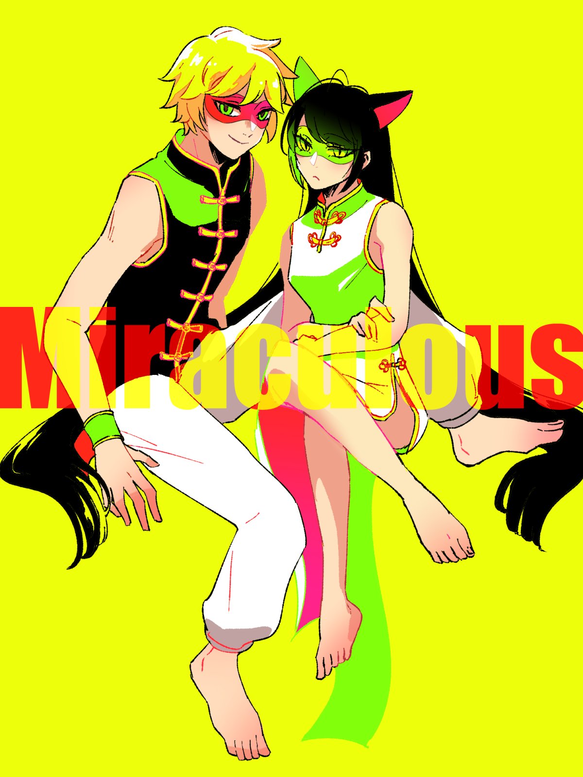 1boy 1girl adrien_agreste animal_ears black_hair black_shirt blonde_hair cat_ears cat_girl china_dress chinese_clothes closed_mouth dress green_eyes green_mask highres lady_noir long_hair looking_at_viewer marinette_dupain-cheng miraculous_ladybug misterbug_(character) pants red_mask shirt short_hair sitting slit_pupils smile uneko_anime white_dress white_pants yellow_eyes