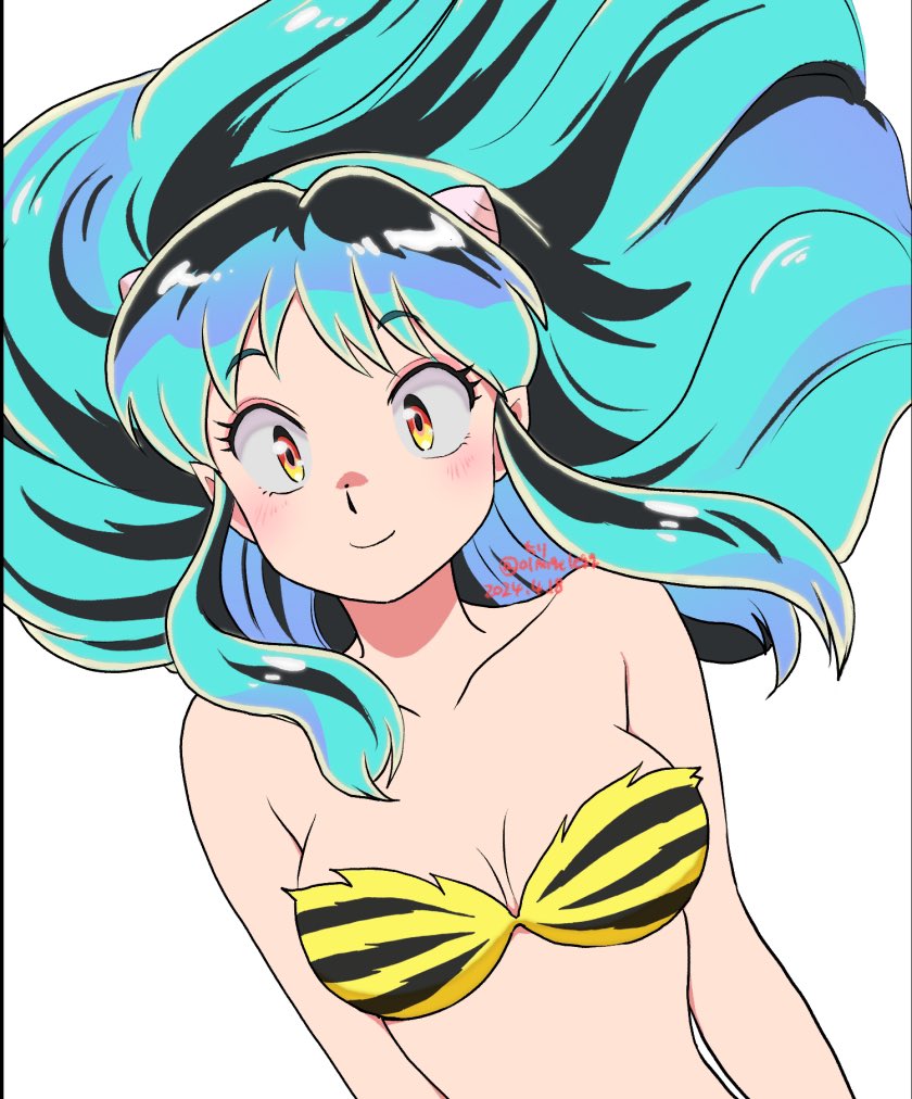 01angelegg 1girl animal_print aqua_hair bikini blue_hair brown_eyes collarbone commentary cone_horns dated floating_hair horns long_hair looking_at_viewer lum multicolored_hair pointy_ears print_bikini sidelocks signature simple_background solo swimsuit tiger_print urusei_yatsura white_background