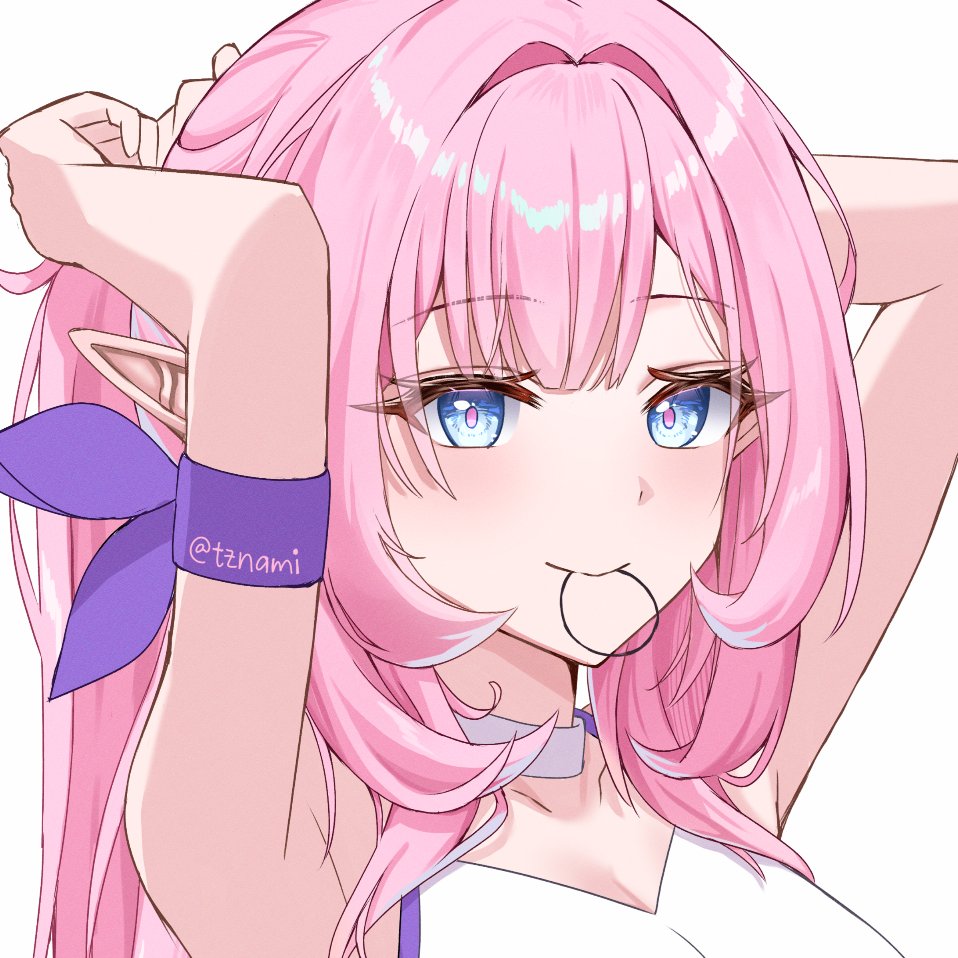 1girl armpits arms_behind_head arms_up bare_shoulders blue_eyes breasts cleavage closed_mouth commentary elysia_(honkai_impact) english_commentary hair_intakes hair_tie hair_tie_in_mouth honkai_(series) honkai_impact_3rd long_hair looking_at_viewer medium_breasts mouth_hold nami_(tznami) pink_hair pointy_ears simple_background smile solo twitter_username white_background