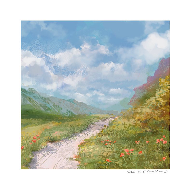 2024 blue_sky border bush cloud dated day flower grass mimoth mountain no_humans original outdoors path red_flower scenery signature sky white_border