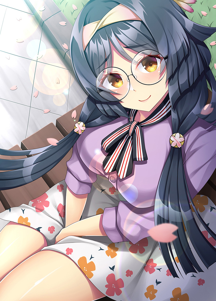 1girl bench black_hair brown_eyes cowboy_shot floral_print from_above glasses hairband heian_maru_(kancolle) heian_maru_(spring_mode)_(kancolle) kantai_collection looking_at_viewer neck_ribbon official_alternate_costume petals pink_hairband purple_shirt ribbon round_eyewear ruin_re_birth shirt skirt solo v_arms white_skirt