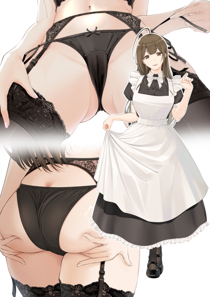 1girl apron ass ass_grab black_bra black_dress black_footwear black_panties bow bow_panties bra breasts brown_eyes brown_hair cameltoe clothes_lift commentary_request dress dress_lift frills from_behind full_body garter_belt garter_straps grabbing_own_ass high_heels idolmaster idolmaster_shiny_colors kappougi kuwayama_chiyuki lace lace-trimmed_legwear lace-trimmed_panties lace_trim large_breasts lingerie long_hair looking_at_viewer maid maid_headdress multiple_views paid_reward_available panties puffy_short_sleeves puffy_sleeves puriketsu_corgy short_sleeves simple_background smile standing thighhighs thighs underwear underwear_only white_background