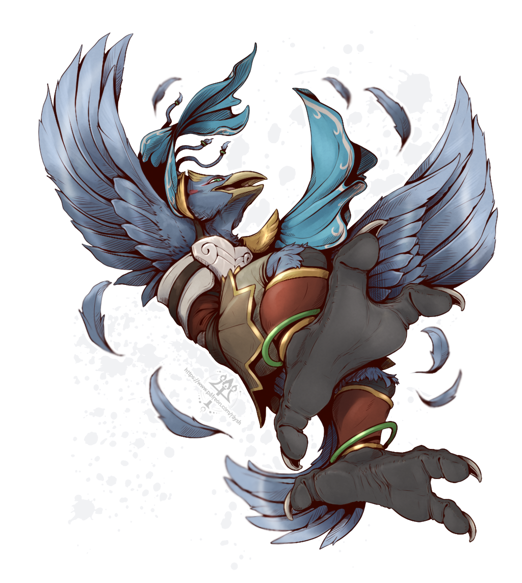 3_toes anthro armor avian avian_feet beak black_feet blue_body breath_of_the_wild clothed clothing feathers feet flying foot_focus jewelry kredri male nintendo revali rito simple_background smile soles solo spread_wings talons the_legend_of_zelda toes wings wrinkles