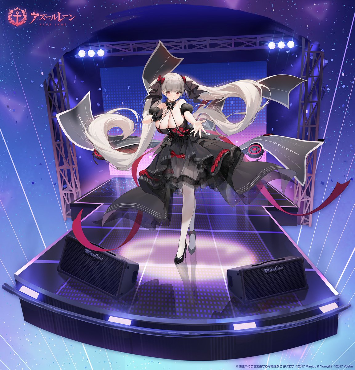 1girl azur_lane black_bow black_dress black_footwear black_ribbon blush bow breasts cleavage copyright_name copyright_notice detached_sleeves dress flight_deck floating_hair formidable_(azur_lane) formidable_(muse)_(azur_lane) frilled_dress frills full_body gloves grey_hair hair_bow hair_ornament hair_ribbon halterneck high_heels highres huge_breasts idol kincora large_breasts layered_dress leaning_forward logo long_hair microphone night official_alternate_costume official_art open_mouth outstretched_arm pantyhose red_eyes red_ribbon reflective_floor ribbon rigging see-through shoes sky sleeveless solo speaker stage stage_lights standing star_(sky) thighhighs twintails two-tone_dress very_long_hair white_pantyhose