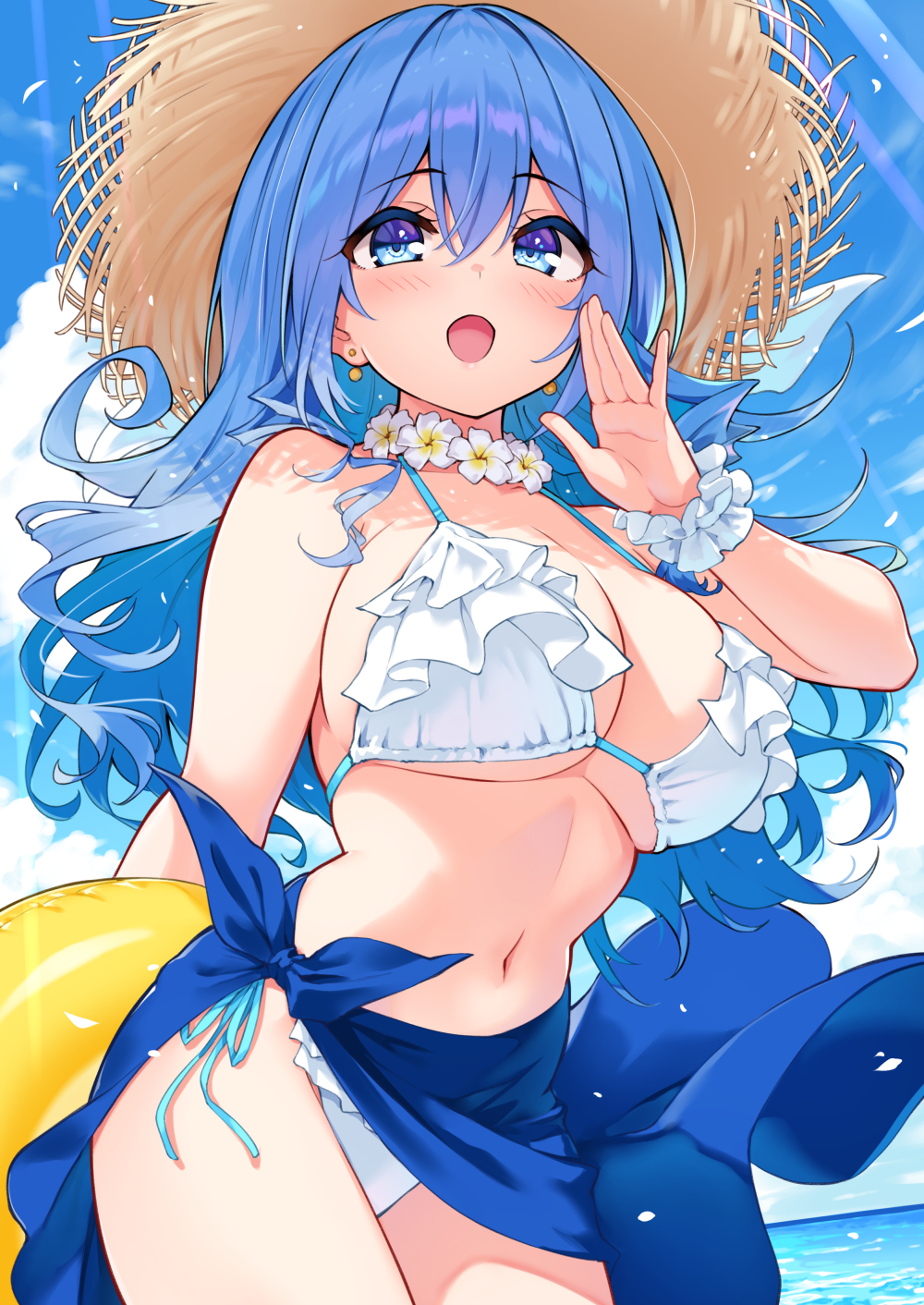 1girl bikini blue_eyes blue_hair blue_sky breasts brown_hat choker cloud cu-no day flower_choker frilled_bikini frills hair_between_eyes hat highres hisen_kaede kohitsuji_ai large_breasts long_hair looking_at_viewer navel ocean open_mouth original outdoors scrunchie side-tie_bikini_bottom sky solo straw_hat swimsuit white_bikini white_scrunchie wrist_scrunchie