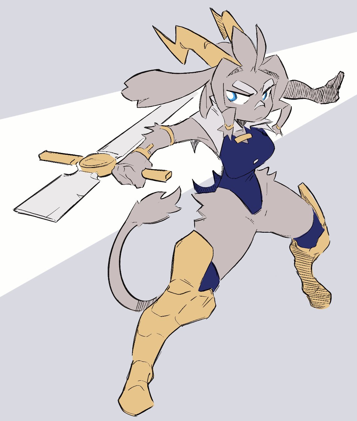 abstract_background accessory anthro antlers arm_tuft armband armored_boots big_breasts biped blue_eyes bovid breasts caprine clothing coat curvy_figure digitigrade felid feline female fighting_pose floppy_ears fur goat grey_body grey_fur hair_accessory hi_res hip_tuft holding_melee_weapon holding_object holding_sword holding_weapon horn hourglass_figure hybrid jackalope jewelry lagomorph long_ears mammal melee_weapon painedpinata pose pseudoregalia shoulder_tuft small_waist solo stern_look sword sybil_(pseudoregalia) tail tail_tuft tailcoat thick_thighs topwear tuft weapon wide_hips wristband