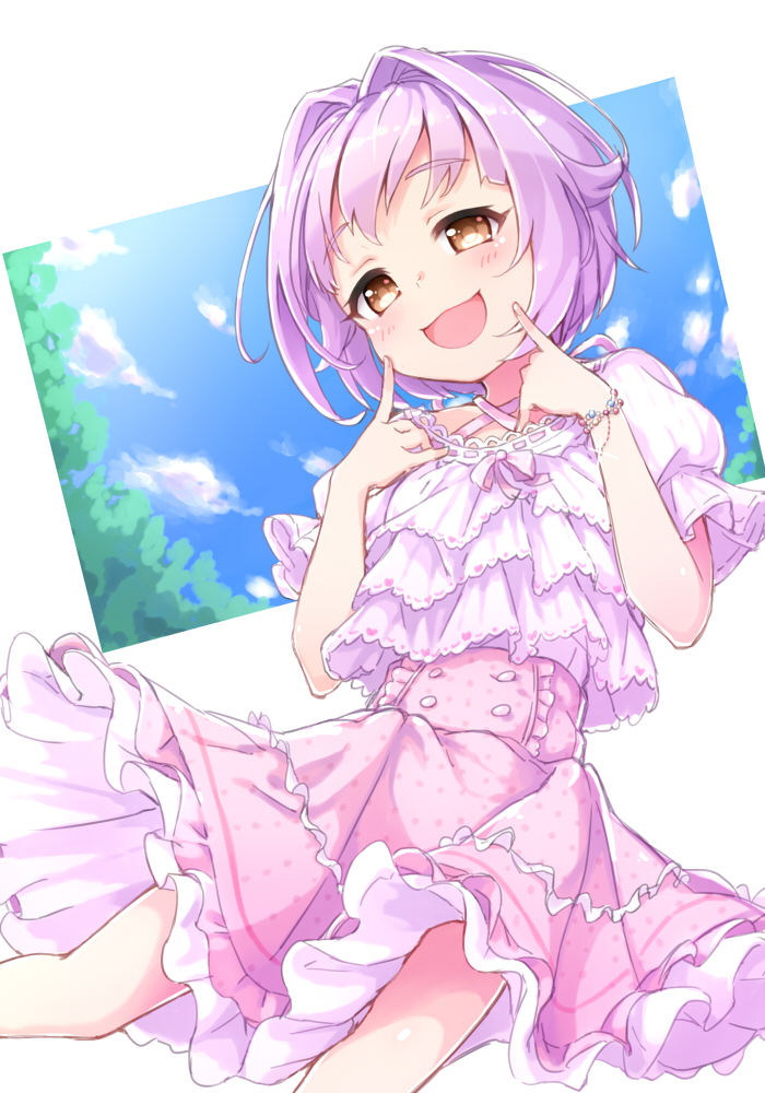 1girl :3 :d blush bow bracelet brown_eyes cheek_poking commentary_request criss-cross_halter dress feet_out_of_frame frilled_dress frills hair_intakes halterneck hands_up head_tilt heart idolmaster idolmaster_cinderella_girls jewelry koshimizu_sachiko kuresuku_(lessons) layered_dress looking_at_viewer multicolored_clothes multicolored_dress open_mouth pink_bow pink_dress poking polka_dot polka_dot_dress puffy_short_sleeves puffy_sleeves purple_hair raised_eyebrows short_hair short_sleeves smile solo thick_eyelashes thighs white_background white_dress