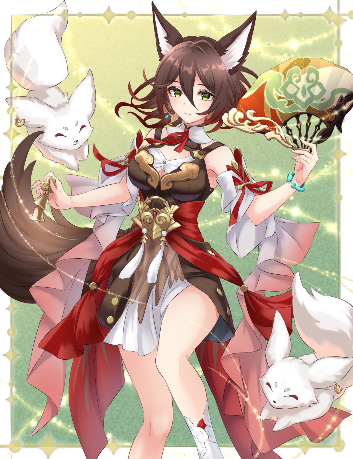 animal_ears bare_legs bell bracelet brown_dress brown_fur brown_hair brown_tail dress earrings fox fox_ears fox_girl fox_tail green_eyes hand_fan highres honkai:_star_rail honkai_(series) jewelry kakiko210 tail tingyun_(honkai:_star_rail) waistband