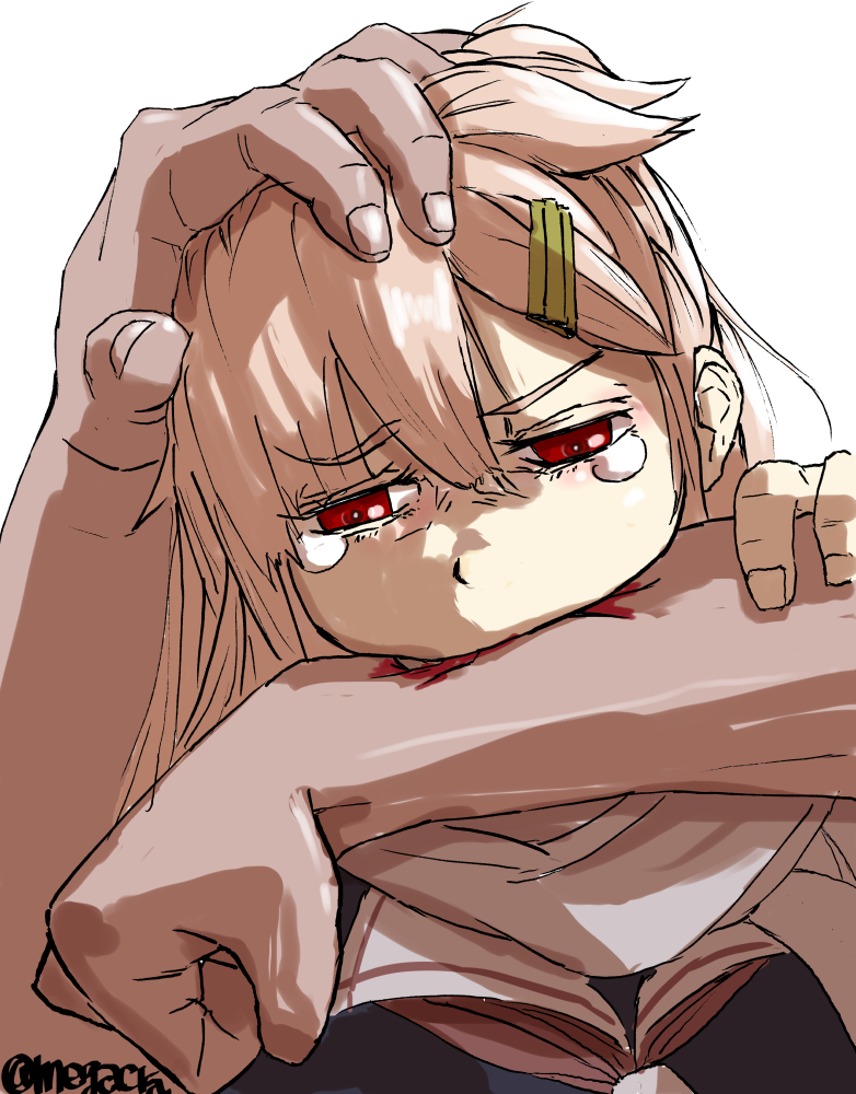 1boy 1girl biting biting_arm blonde_hair blood blood_on_arm hair_flaps hair_ornament hairclip hand_on_another's_head headpat injury kantai_collection long_hair megakura_kinshi red_eyes ribbon sad scarf school_uniform serafuku simple_background tears white_background white_scarf yuudachi_(kancolle) yuudachi_kai_ni_(kancolle)