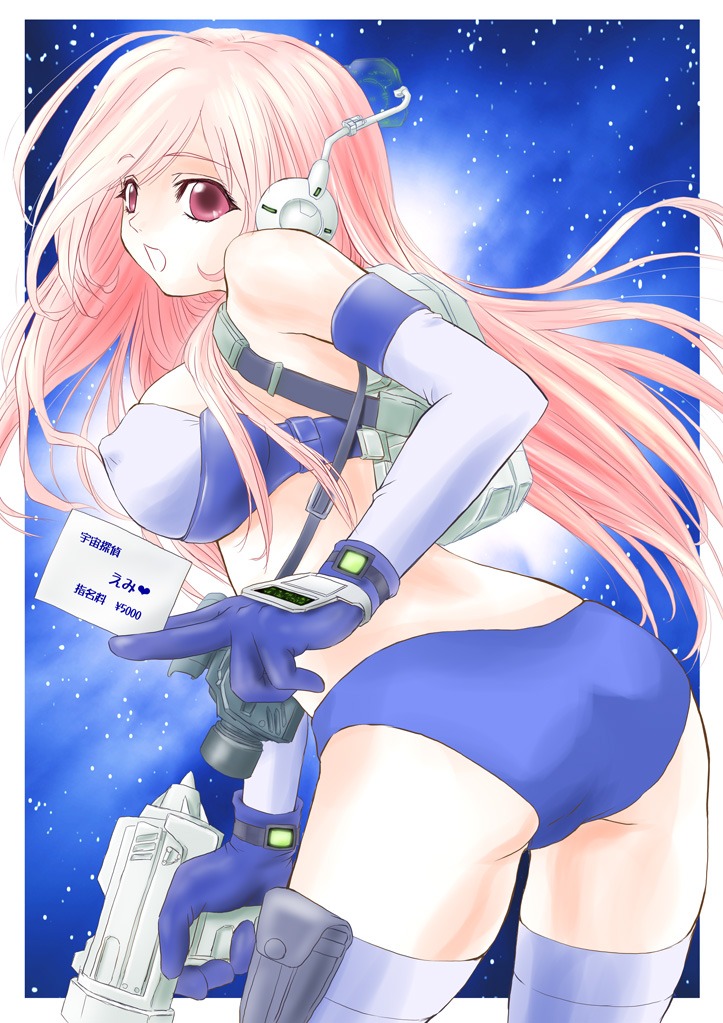 ass backpack bag breasts bucho card copyright_request covered_nipples gun headset holding holding_card large_breasts pink_hair red_eyes solo thighhighs weapon