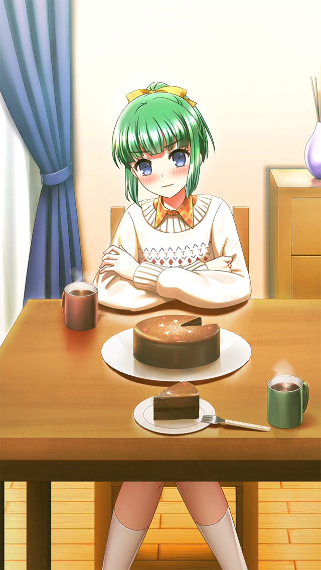 1girl blue_eyes blunt_bangs blush bow cake cake_slice coffee crossed_arms curtains doukyuusei_another_world embarrassed food fork game_cg green_hair hair_bow head_tilt iijima_miyuki indoors kakyuusei kneehighs long_sleeves looking_at_viewer official_art ponytail short_hair sitting socks solo sweater table white_socks yellow_bow yellow_sweater