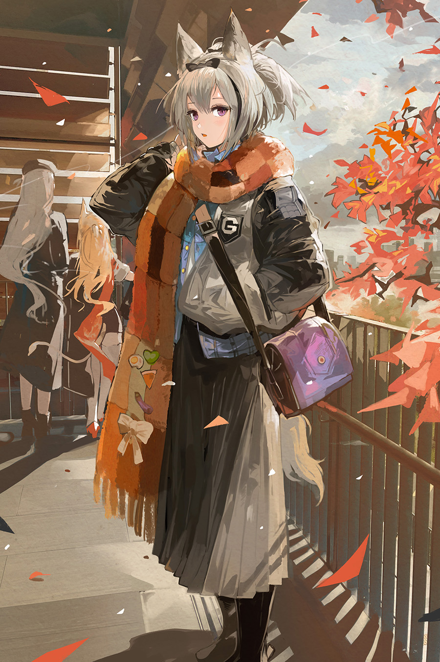 3girls :o alchemaniac animal_ears arknights bag black_bow black_footwear black_jacket blue_shirt blush boots bow bow_hairband branch cloud collared_shirt day falling_leaves fringe_trim from_side full_body grani_(arknights) grey_skirt hairband hand_in_pocket handbag highres horse_ears horse_girl jacket leaf letterman_jacket long_skirt long_sleeves looking_at_viewer multicolored_clothes multicolored_jacket multiple_girls open_mouth orange_scarf outdoors pleated_skirt purple_eyes railing scarf shadow shirt skirt solo_focus two-tone_jacket white_jacket