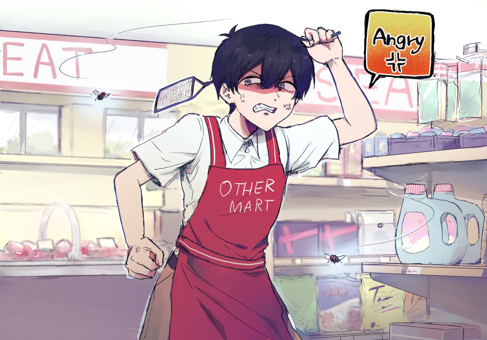 1boy anger_vein angry antenna_hair apron arm_up black_hair brown_eyes brown_pants bug buttons clenched_hand clenched_teeth clothes_writing collared_shirt english_text fly flyswatter hair_behind_ear hair_between_eyes holding indoors looking_at_animal magiaigam omori pants red_apron shirt sign solo sunny_(omori) teeth v-shaped_eyebrows white_shirt window