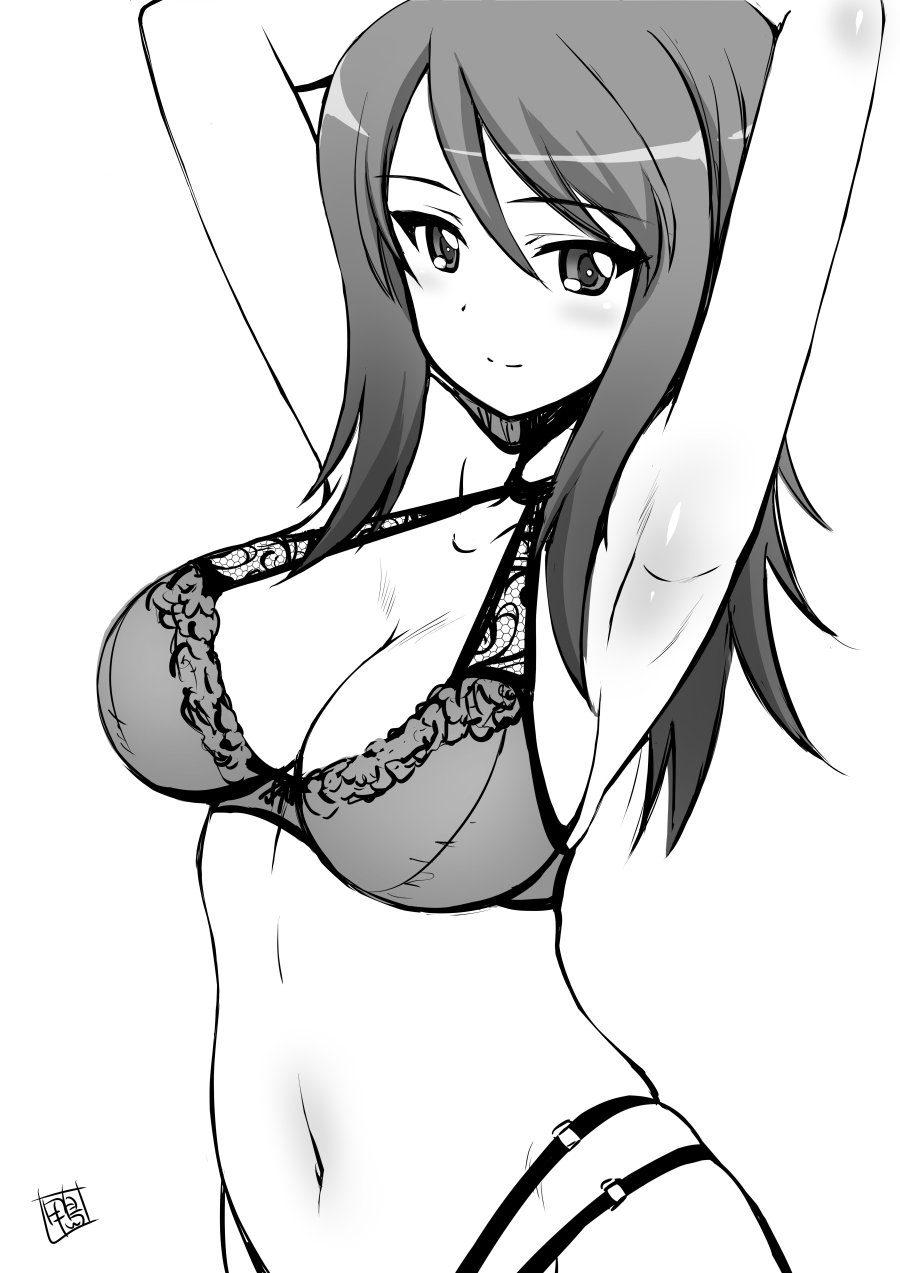 1girl armpits arms_up blush bra breasts cleavage closed_mouth girls_und_panzer greyscale highres kamogawa_tanuki large_breasts lingerie long_hair looking_at_viewer mika_(girls_und_panzer) monochrome navel smile solo underwear