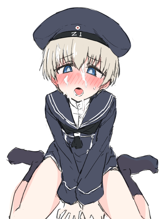 1girl ame_(amechan17391739) blue_eyes blush cum facial greyscale hair_between_eyes hat kantai_collection lower_teeth_only monochrome open_mouth sailor sailor_hat school_uniform serafuku short_hair simple_background sitting teeth wariza white_background z1_leberecht_maass_(kancolle)