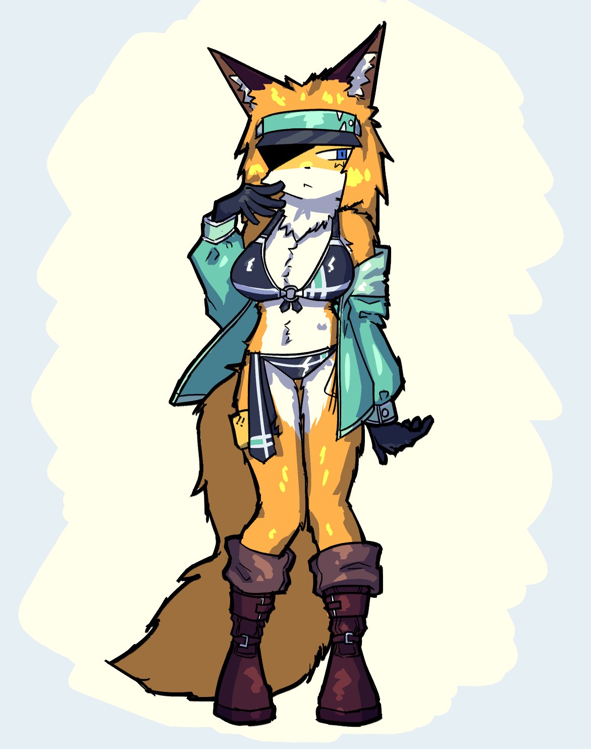 anthro blue_eyes boots canid canine canis chest_tuft clothing female footwear fox gloves handwear hat headgear headwear hi_res jacket mammal purplenamako red_fox simple_background solo swimwear topwear true_fox tuft yaco_kitagawa