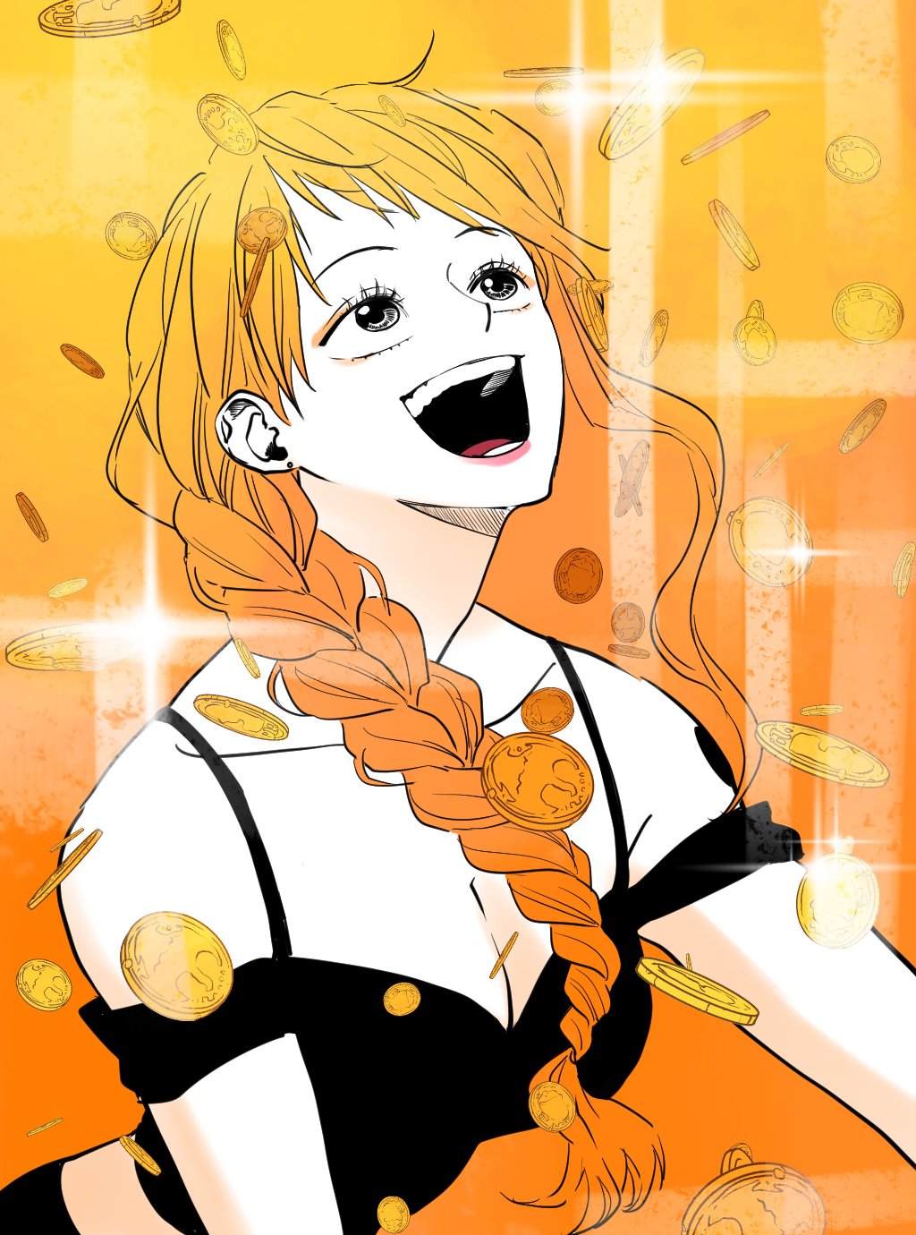 1girl black_shirt braid braided_ponytail coin eyelashes eyeliner glint happy highres korean_commentary long_hair looking_up makeup nami_(one_piece) one_piece open_mouth orange_background orange_eyeliner orange_hair seseasl shirt side_ponytail smile solo upper_body