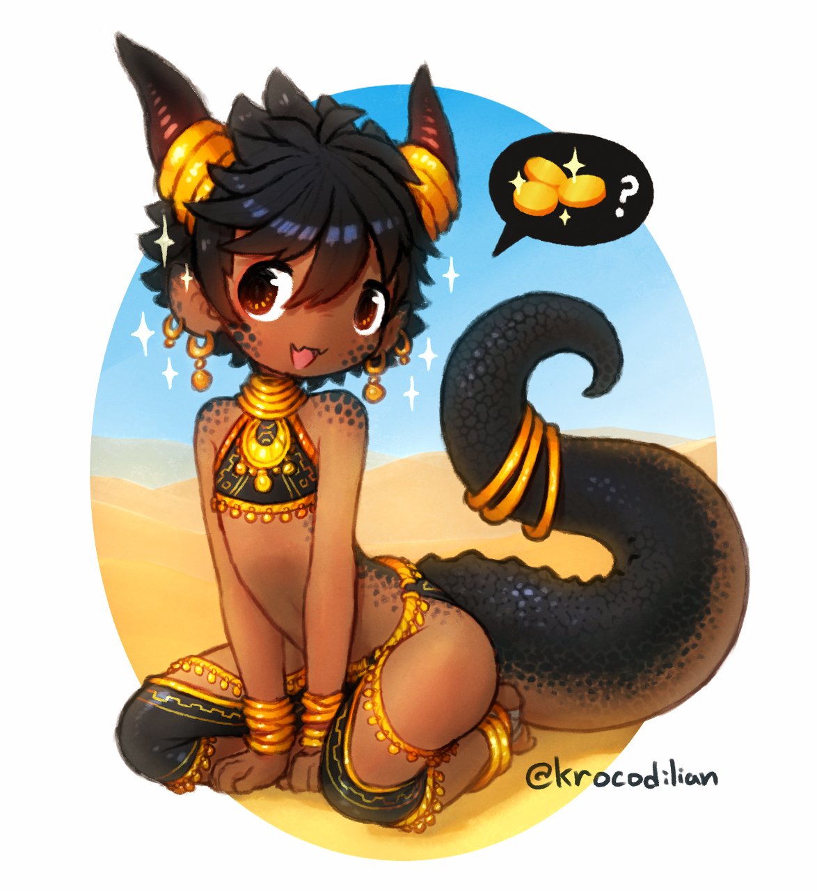 1girl :d anklet black_hair bracelet brown_eyes coin dark-skinned_female dark_skin desert dragon_girl dragon_horns dragon_tail ear_piercing earrings english_commentary fangs flat_chest gold gold_coin harem_outfit highres hoop_earrings horn_ornament horn_ring horns jewelry krocodilian neck_ring no_nose original piercing short_hair smile solo sparkle spoken_object tail tail_ornament tail_ring twitter_username