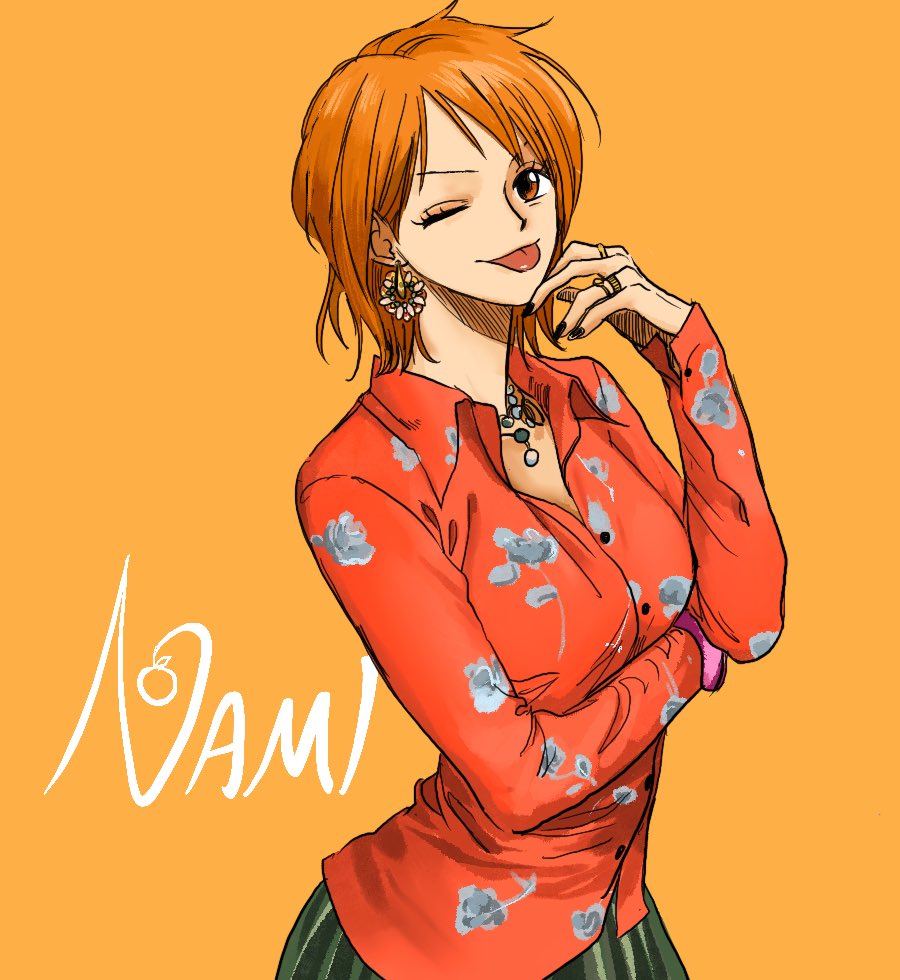 1girl black_nails character_name commentary_request cowboy_shot crossed_arms earrings jewelry korean_commentary looking_at_viewer nami_(one_piece) necklace one_eye_closed one_piece orange_background orange_eyes orange_hair red_shirt ring seseasl shirt short_hair solo tongue tongue_out