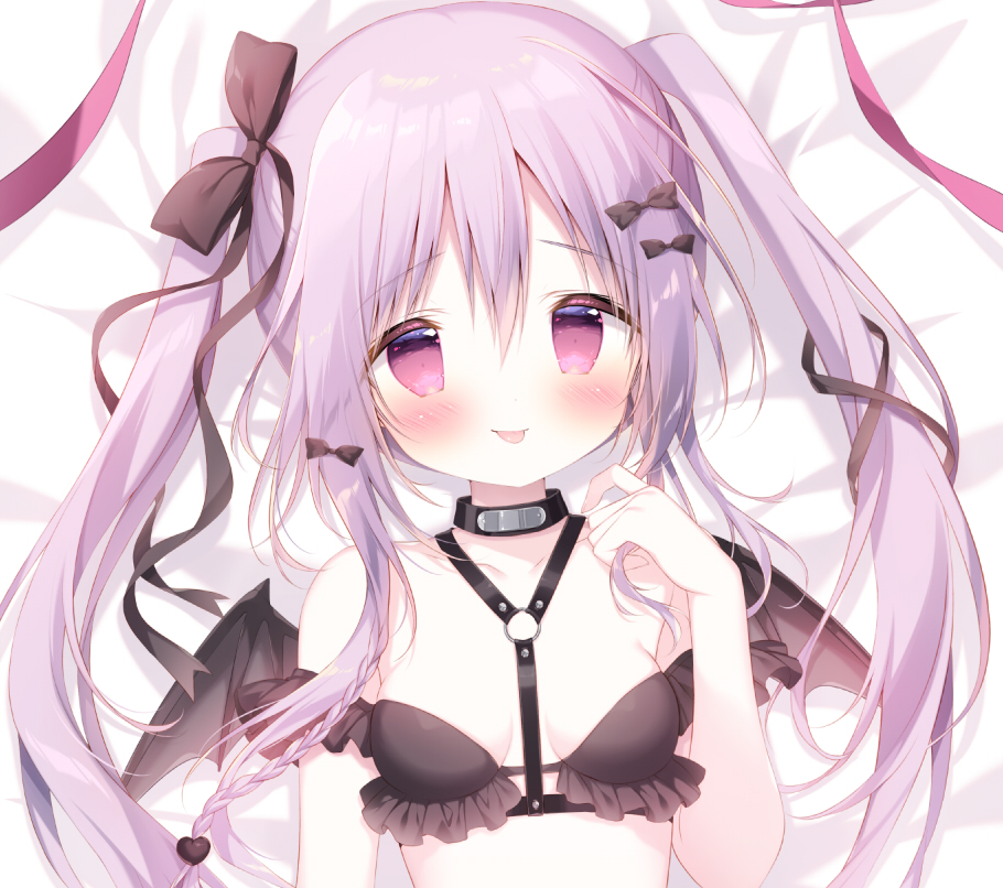 1girl :p bare_shoulders bed_sheet black_bow black_ribbon black_wings blush bow breasts closed_mouth collarbone commentary_request hair_between_eyes hair_bow hair_ribbon hand_up long_hair mini_wings original purple_eyes purple_hair ribbon shiratama_(shiratamaco) small_breasts smile solo tongue tongue_out twintails upper_body wings