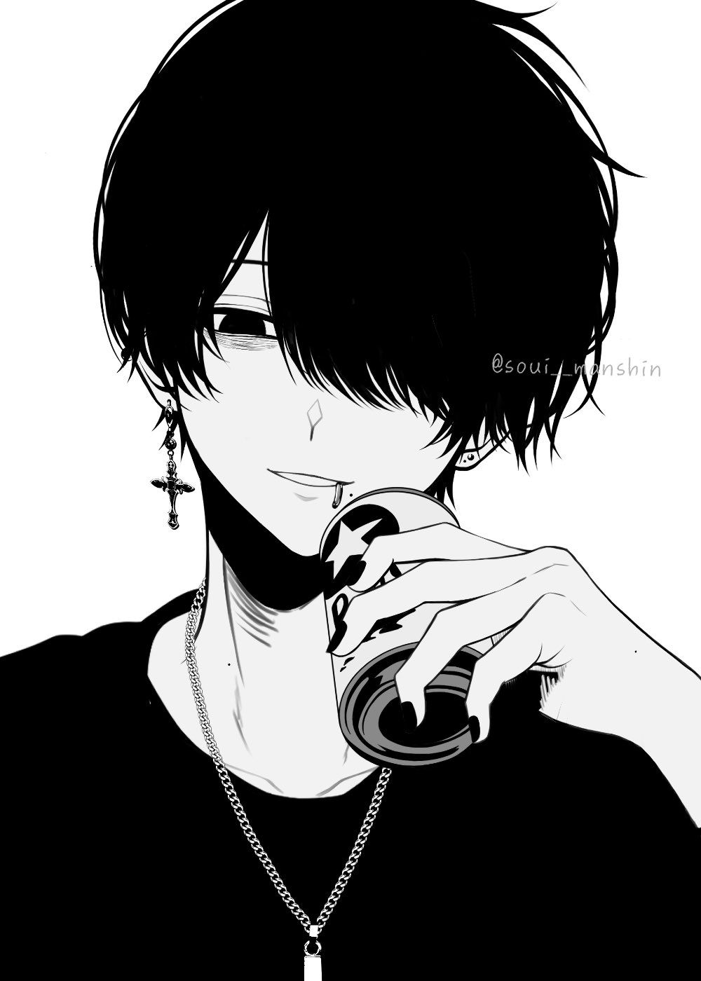 1boy bags_under_eyes beer_can can drink_can ear_piercing earrings greyscale hair_over_one_eye highres jewelry lip_piercing looking_at_viewer male_focus mole mole_on_neck mole_under_mouth monochrome necklace original piercing shirt simple_background single_earring solo soui_manshin upper_body