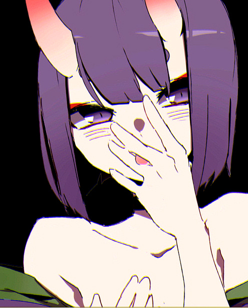 1girl bare_shoulders black_background blush close-up collarbone esu_(transc) fate/grand_order fate_(series) horns looking_at_viewer oni purple_eyes purple_hair short_hair shuten_douji_(fate) simple_background sketch skin-covered_horns solo tongue tongue_between_fingers tongue_out