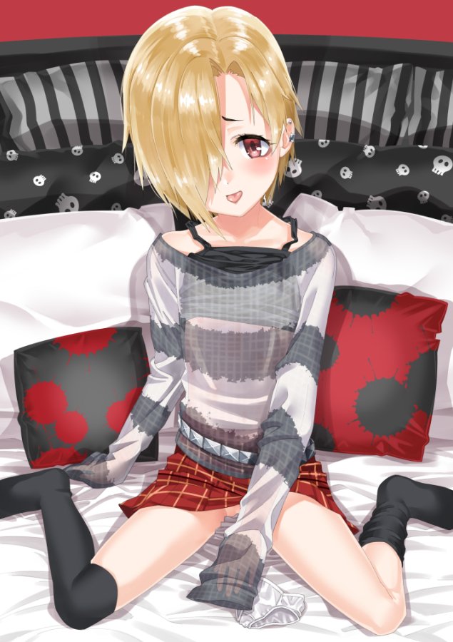 1girl :p black_camisole black_socks blonde_hair blush camisole ear_piercing earrings flat_chest gengorou hair_over_one_eye idolmaster idolmaster_cinderella_girls jewelry looking_at_viewer miniskirt panties piercing red_eyes shirasaka_koume shirt short_hair sitting skirt sleeves_past_fingers sleeves_past_wrists smile socks solo tongue tongue_out underwear unworn_panties wariza white_panties