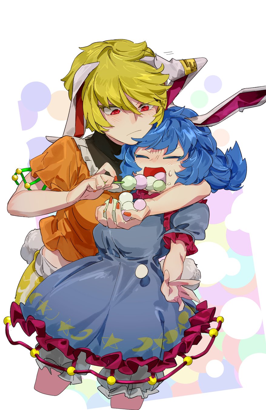 2girls animal_ears blonde_hair bloomers blue_dress blue_hair blush chamaruk closed_eyes commentary_request crescent_print dango dress earclip eating food highres holding holding_food medium_hair multicolored_background multiple_girls orange_shirt rabbit_ears rabbit_girl red_eyes red_nails ringo_(touhou) seiran_(touhou) shirt short_hair short_sleeves touhou wagashi