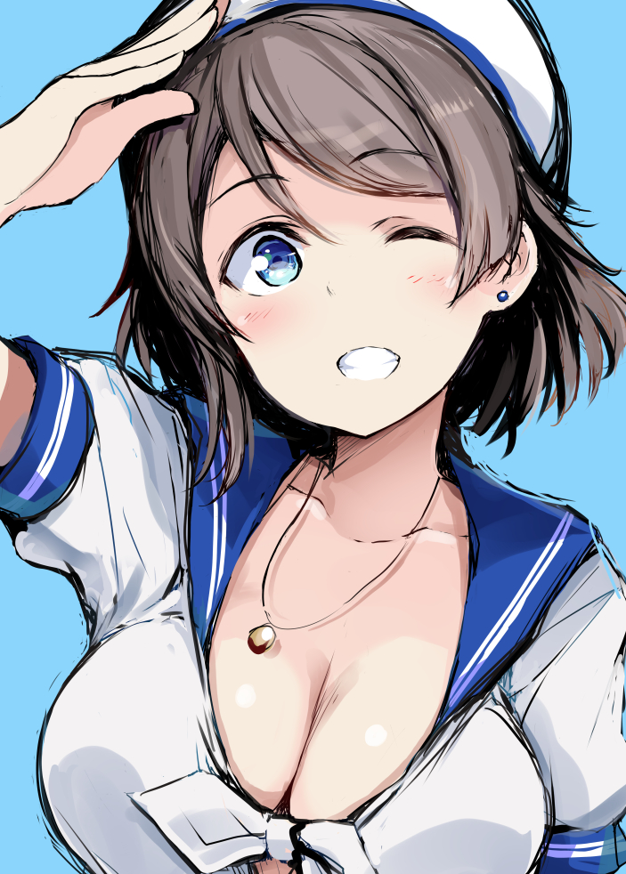 1girl blue_background blue_eyes breasts brown_hair cleavage collarbone commentary_request earrings gengoroh hair_between_eyes hat jewelry looking_at_viewer love_live! necklace one_eye_closed open_mouth sailor_collar sailor_hat sailor_shirt salute shirt short_hair short_sleeves simple_background smile solo teeth upper_body watanabe_you