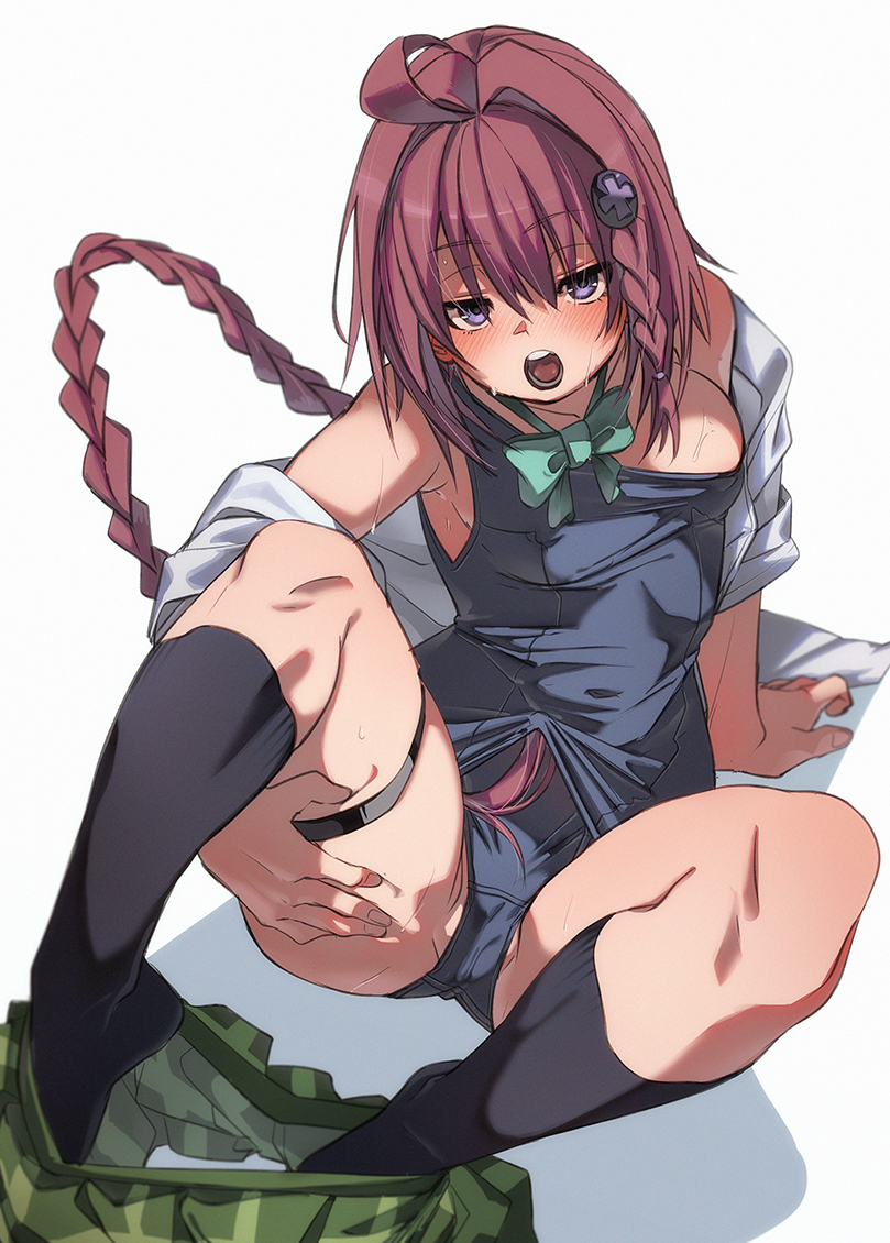 1girl ahoge black_socks blush braid braided_ponytail breasts clothes_pull commentary_request fu-ta green_skirt grey_background kurosaki_mea legs long_hair looking_at_viewer medium_breasts one-piece_swimsuit open_mouth purple_eyes red_hair simple_background single_braid sitting skirt skirt_pull socks solo sweat swimsuit thigh_strap thighs to_love-ru to_love-ru_darkness white_background
