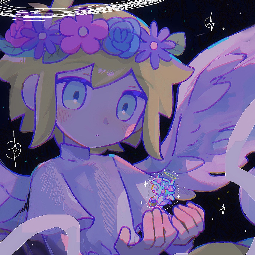 2boys aged_down antenna_hair aqua_eyes aqua_hair basil_(faraway)_(omori) basil_(headspace)_(omori) basil_(omori) black_background blonde_hair blue_flower blue_rose blush child closed_eyes closed_mouth feathered_wings flower flower_wreath hair_between_eyes halo head_wreath leaf looking_at_another multiple_boys official_alternate_costume omori open_mouth pink_flower purple_flower rose shirt short_hair short_sleeves smile solo_focus sparkle sr_ld_fr turtleneck white_halo white_shirt white_wings wings