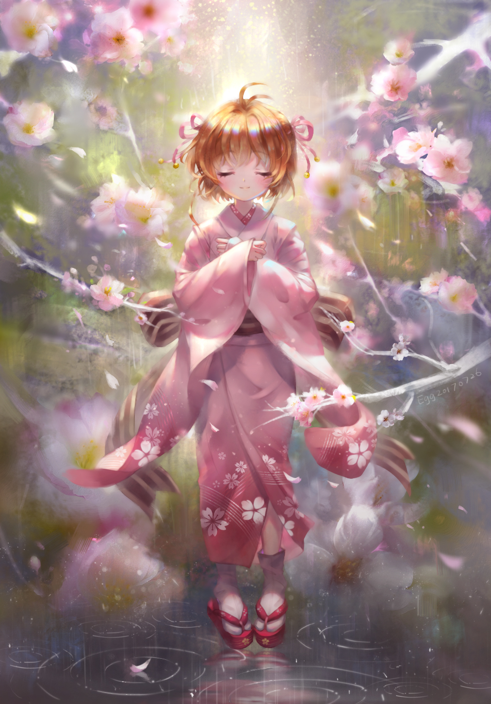 1girl alternate_costume antenna_hair artist_name bell blush brown_hair brown_sash cardcaptor_sakura cherry_blossom_print cherry_blossoms closed_eyes commentary crossed_wrists day eggocc falling_petals floating floral_print full_body geta hair_bell hair_ornament hair_ribbon hands_up highres japanese_clothes kimono kinomoto_sakura light_particles light_smile long_sleeves outdoors petals pink_kimono pink_ribbon rain red_footwear ribbon ripples short_hair_with_long_locks solo striped_sash symbol-only_commentary tabi water wide_sleeves