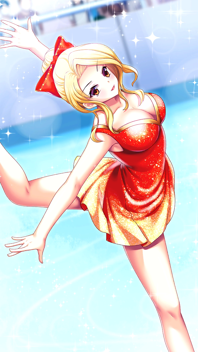 1girl bare_arms bare_legs blonde_hair bow breasts brown_eyes doukyuusei_another_world dress figure_skating figure_skating_dress game_cg gradient_dress hair_bow hair_intakes ice_skating kakyuusei large_breasts leg_up long_hair official_art open_mouth orange_dress outstretched_arm red_bow shindou_reiko short_dress skating sleeveless sleeveless_dress solo yellow_dress