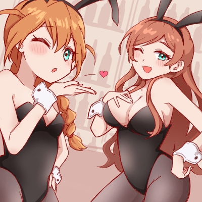 2girls :d animal_ear_hairband animal_ears aqua_eyes baba_karin_(idolmaster) baba_konomi bar_(place) black_leotard black_pantyhose blowing_kiss blush braid breasts brown_hair cleavage cowboy_shot eyelashes fake_animal_ears hair_between_eyes hair_over_shoulder hairband hand_on_own_chest hand_on_own_hip heart idolmaster idolmaster_million_live! idolmaster_million_live!_theater_days large_breasts leotard long_hair looking_at_viewer lowres multiple_girls one_eye_closed open_mouth pantyhose parted_bangs playboy_bunny rabbit_ear_hairband rabbit_ears sidelocks simple_background single_braid small_breasts smile wavy_hair winter-namaz wrist_cuffs