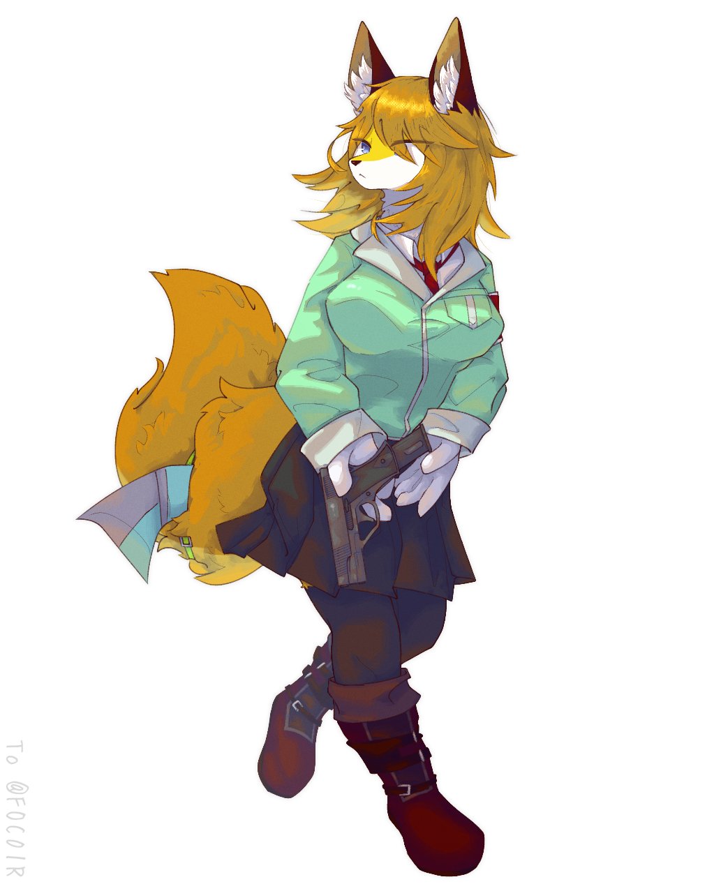 anthro blonde_hair blue_eyes boots bottomwear canid canine canis clothing female footwear fox gloves gun hair hair_over_eye handgun handwear hi_res jacket mammal necktie one_eye_obstructed pistol ranged_weapon red_fox simple_background skirt solo tail topwear true_fox weapon white_background yaco_kitagawa ymsrplan