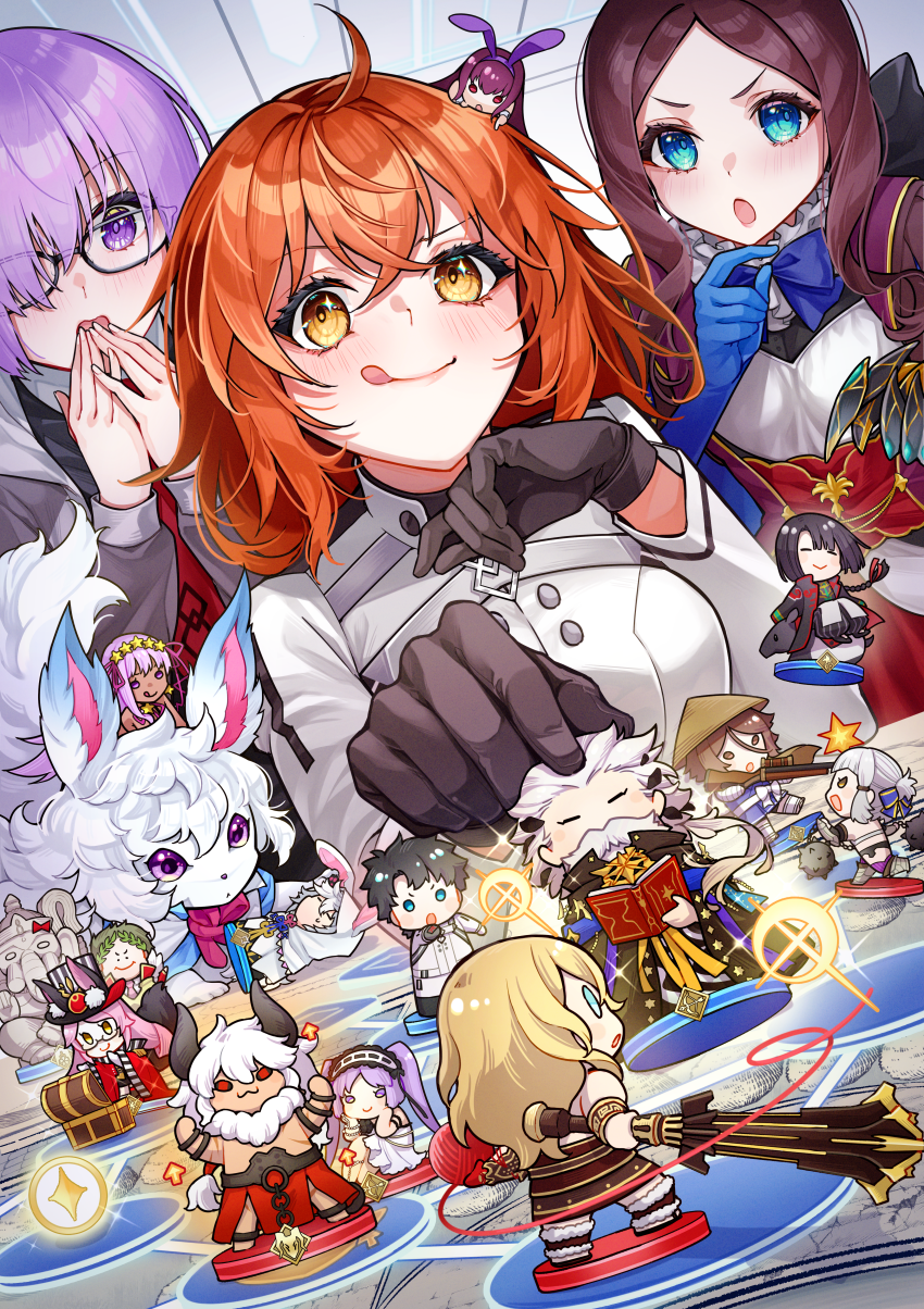 ahoge black_dress black_gloves breasts dress fate/grand_order fate_(series) fujimaru_ritsuka_(female) fujimaru_ritsuka_(female)_(decisive_battle_chaldea_uniform) glasses gloves grey_jacket hair_over_one_eye highres ichino_tomizuki jacket large_breasts long_sleeves looking_at_viewer mash_kyrielight medium_breasts necktie open_clothes open_jacket orange_eyes orange_hair purple_eyes purple_hair short_hair white_dress