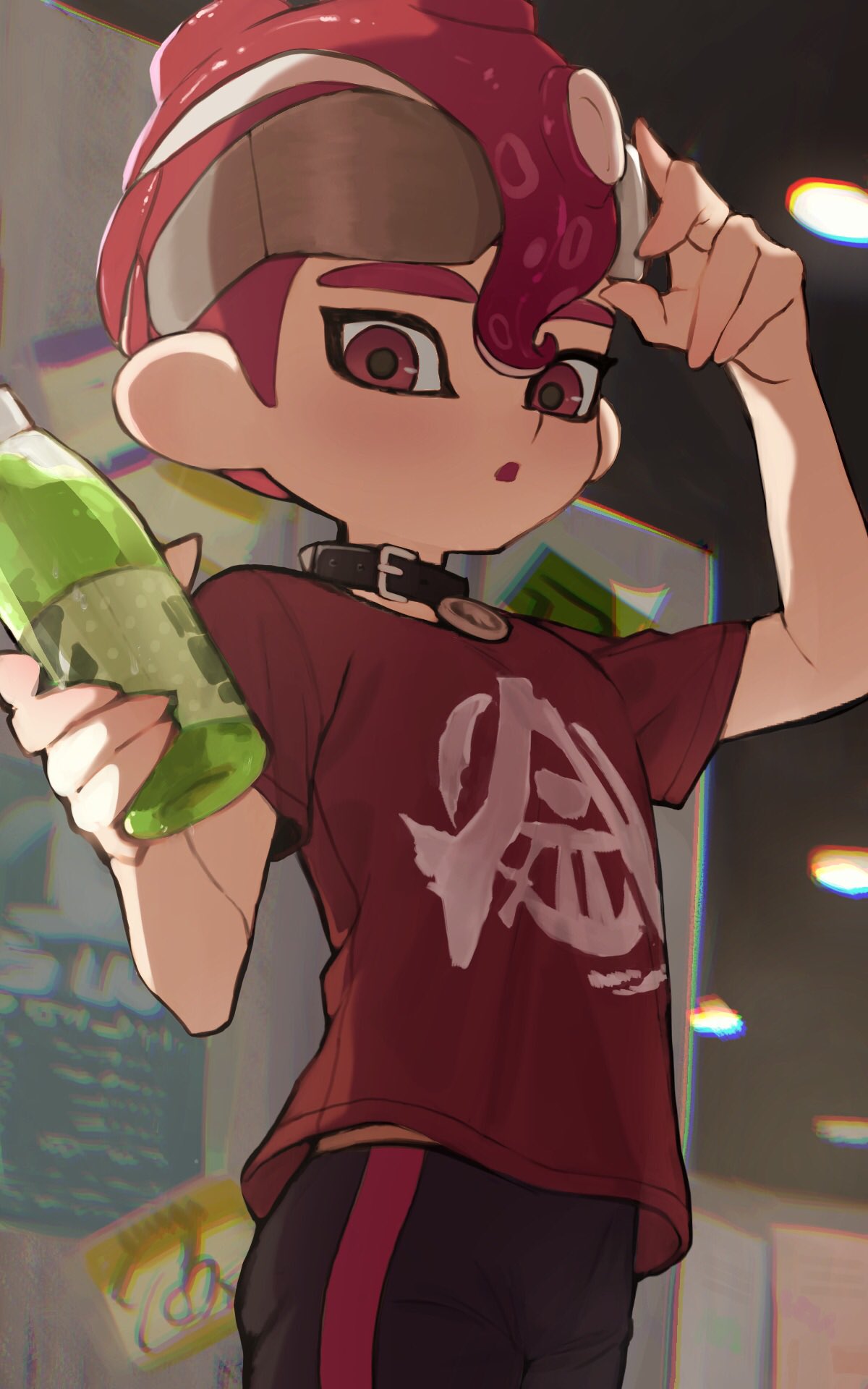 1boy amakara000 black_collar bottle collar eyewear_on_head highres holding holding_bottle indoors male_focus mohawk octoling octoling_boy octoling_player_character open_mouth print_shirt red_eyes red_hair red_shirt shirt short_hair solo splatoon_(series) splatoon_3 standing sunglasses tentacle_hair thick_eyebrows