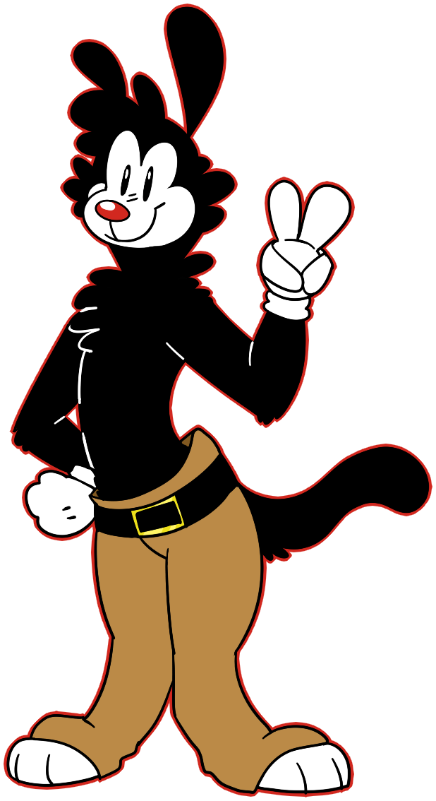 2017 alpha_channel animaniacs anthro belt black_belt black_body black_fur bottomwear brown_bottomwear brown_clothing brown_pants clothed clothing digital_drawing_(artwork) digital_media_(artwork) digitigrade dot_eyes flat_colors full-length_portrait fur gesture gloves hand_gesture hand_on_hip hand_on_own_hip handwear hindpaw inkblot jaspering male male_anthro mammal outline pants paws portrait red_nose red_outline smile solo standing tail topless v_sign warner_brothers white_clothing white_gloves white_handwear yakko_warner