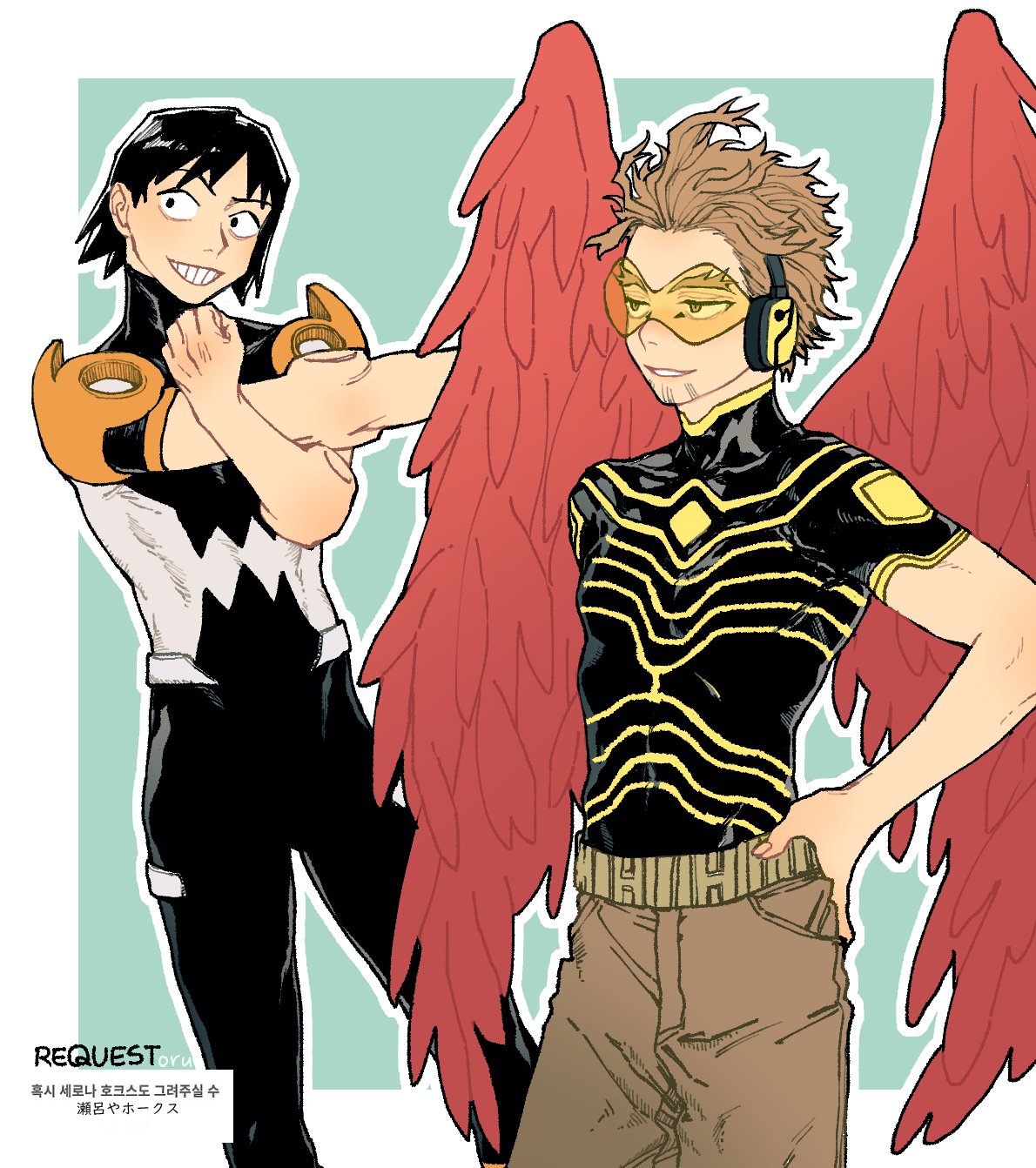 2boys black_bodysuit black_shirt blue_border bodysuit boku_no_hero_academia border brown_hair brown_pants covered_navel facial_hair feathered_wings goatee grin hand_on_own_hip hawks_(boku_no_hero_academia) highres male_focus multiple_boys oru_2ji pants pectorals red_wings sero_hanta shirt short_hair smile stretching tinted_eyewear white_border wings yellow-tinted_eyewear