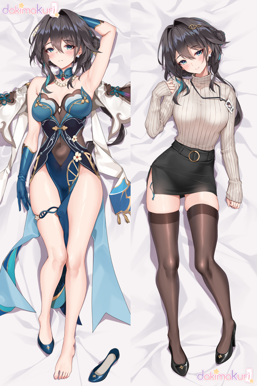 1girl aqua_dress aqua_eyes aqua_gloves arm_up armpits bare_legs bare_shoulders bed_sheet black_footwear black_hair black_skirt blush brown_thighhighs commentary_request covered_navel dakimakura_(medium) dress gloves grey_sweater head_tilt highres honkai:_star_rail honkai_(series) long_hair long_sleeves looking_at_viewer lying matrix16 miniskirt multiple_views on_back pelvic_curtain pencil_skirt ribbed_sweater ruan_mei_(honkai:_star_rail) skirt smile strapless strapless_dress sweater thighhighs thighs turtleneck turtleneck_sweater